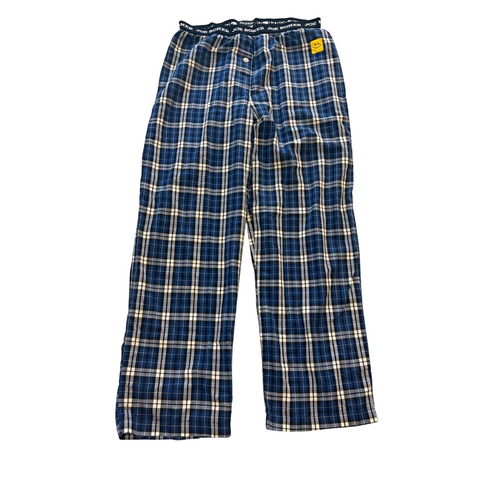 (CL) Joe Boxer Mens Blue Plaid Cotton Pajama Pants Smiley Face Size M